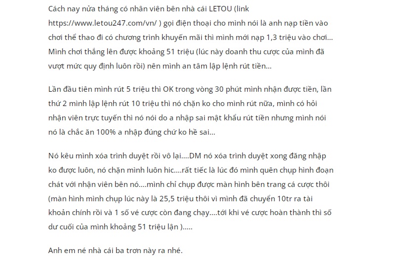 nhà cái letou lừa đảo